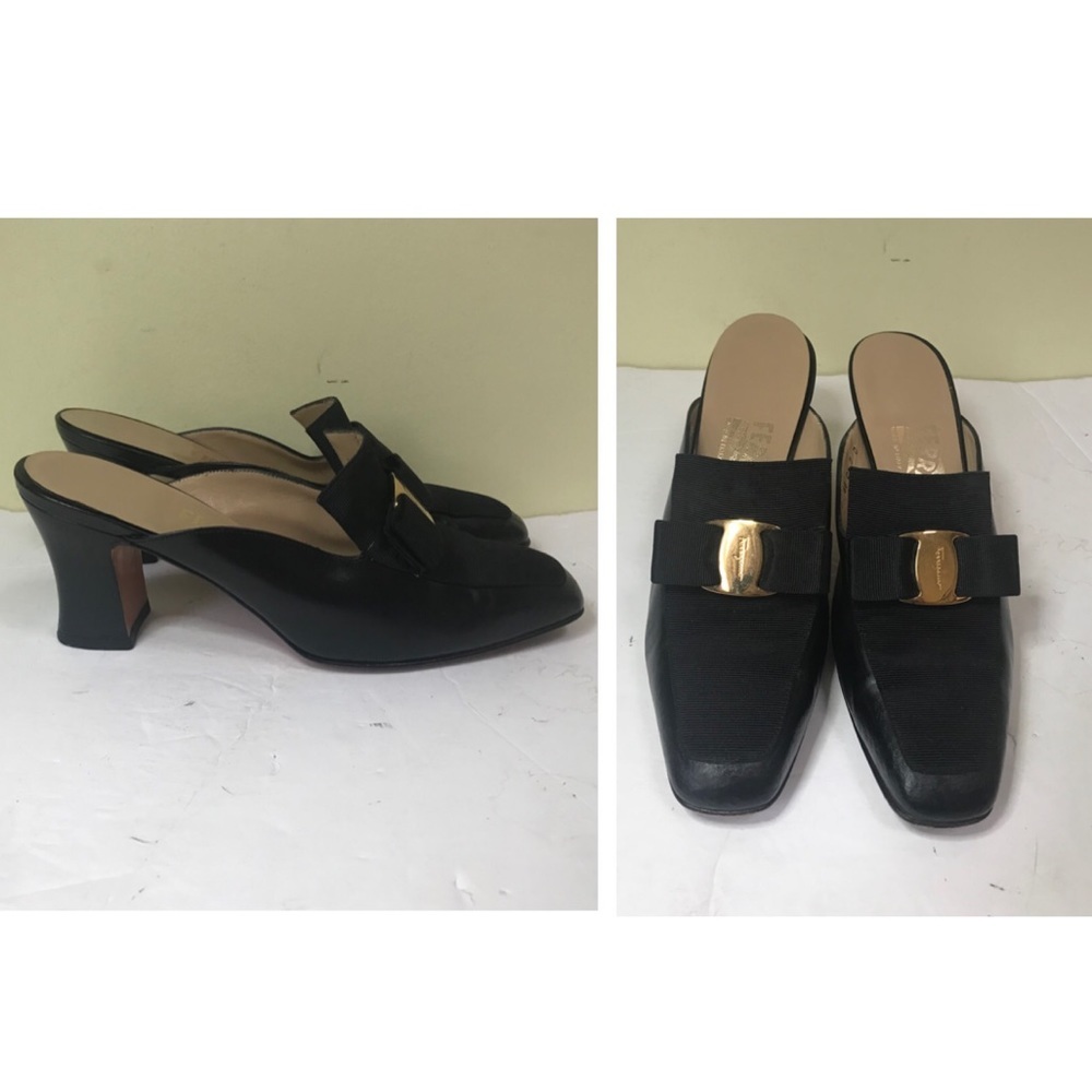 Salvatore Ferragamo Leather Mules Slides Vera Bow Heels Italy Black Gold logo